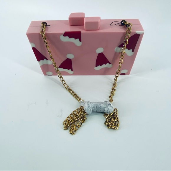 LULU Santa Hat Print Acrylic Box Purse With Crossbody Chain Pink OS NEW W/Tags - Picture 12 of 12